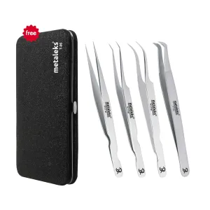4Pcs Eyelash Extension Tweezers In Japanese Stainless Steel Soft in Use Light In Weight With Elastic Kit (12cm, Matt Finish)