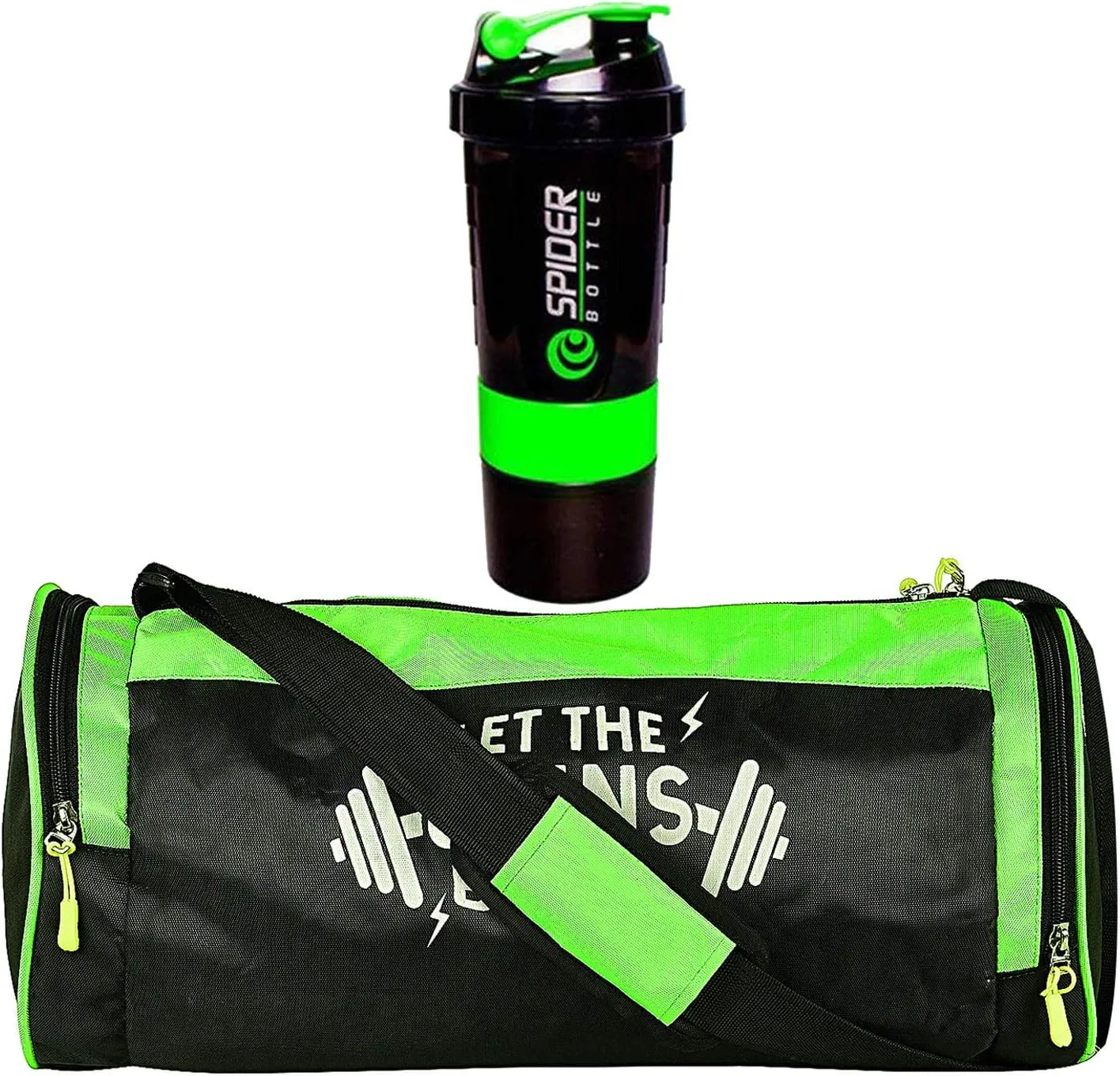5 O' CLOCK SPORTS Sports and Gym Combo of Gym and Fitness Kit of Let The Gains Begin Polyester Gym Bag and Spider Shaker (2 Extra Storage Compartment 500 ML) (Green) for Men & Women