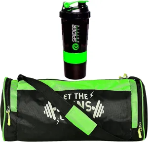 5 O' CLOCK SPORTS Sports and Gym Combo of Gym and Fitness Kit of Let The Gains Begin Polyester Gym Bag and Spider Shaker (2 Extra Storage Compartment 500 ML) (Green) for Men & Women