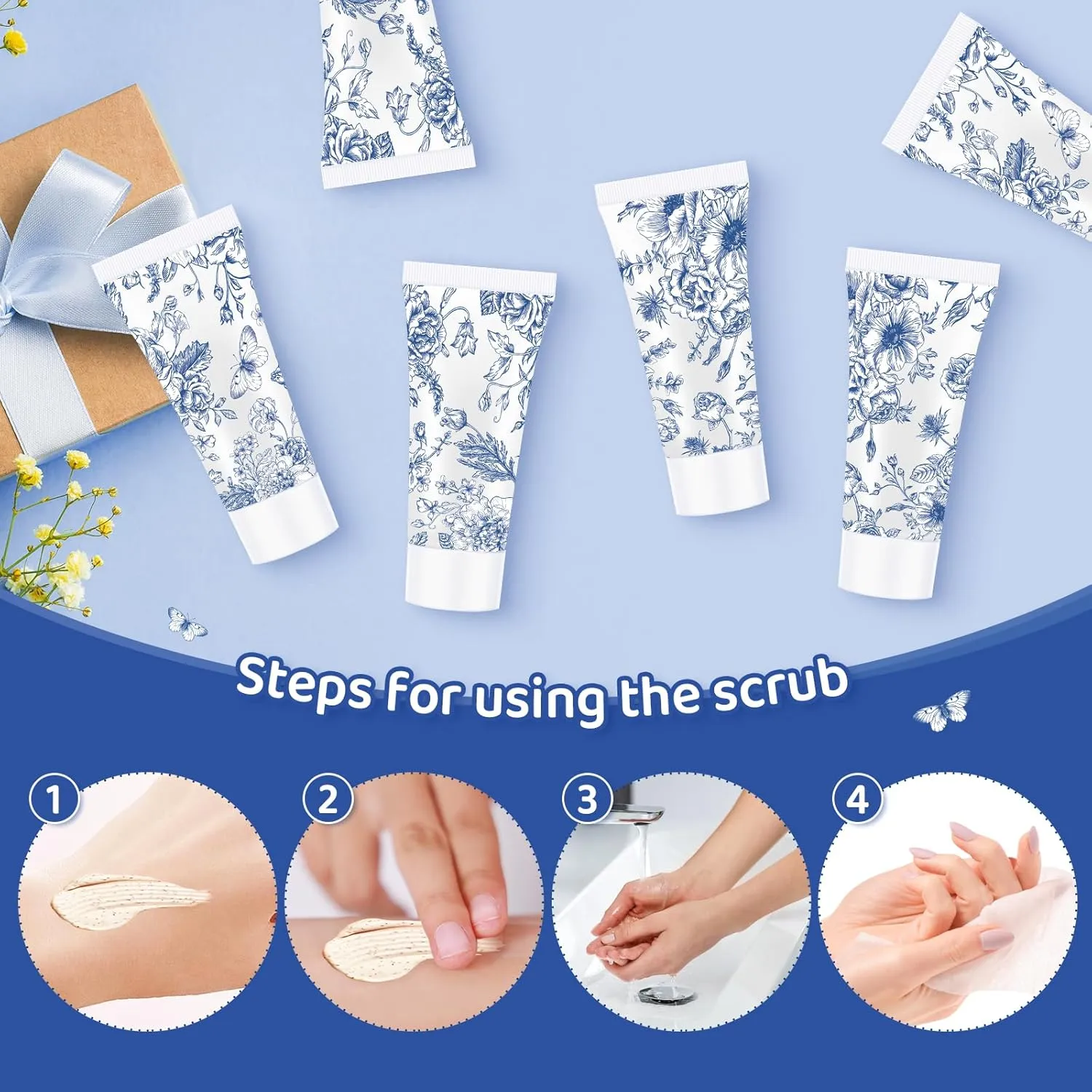 50 Pcs Blue and White Floral Face Scrub Bulk, Oil-free Facial Scrub Bulk Bridal Shower Guests Gifts for Bridal Shower Wedding Favors Thank You Gifts for Coworkers Women Men