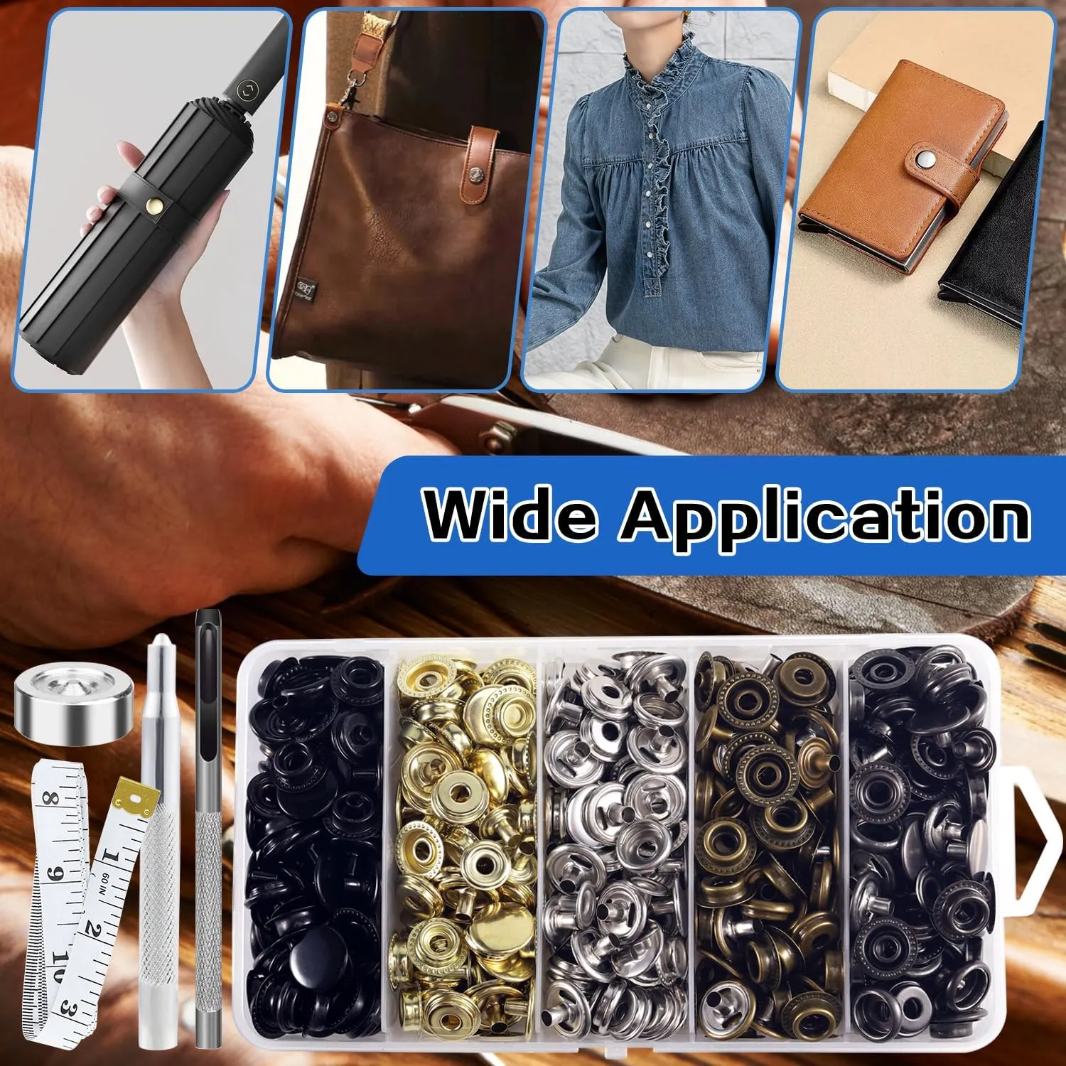 506PCS Snap Fasteners Kit, 15mm Leather Snap Fasteners Kit, Sewing Snaps, 304 Stainless Steel Button Snaps Press Studs with 6 Setter Tools, 5 Color Leather Snap for Clothes, Jackets, Bracelets, Bags
