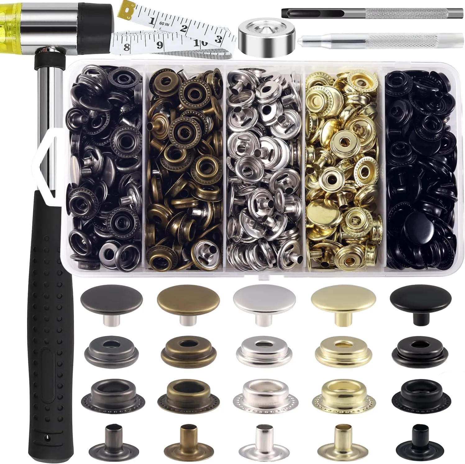 506PCS Snap Fasteners Kit, 15mm Leather Snap Fasteners Kit, Sewing Snaps, 304 Stainless Steel Button Snaps Press Studs with 6 Setter Tools, 5 Color Leather Snap for Clothes, Jackets, Bracelets, Bags