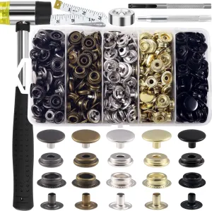 506PCS Snap Fasteners Kit, 15mm Leather Snap Fasteners Kit, Sewing Snaps, 304 Stainless Steel Button Snaps Press Studs with 6 Setter Tools, 5 Color Leather Snap for Clothes, Jackets, Bracelets, Bags
