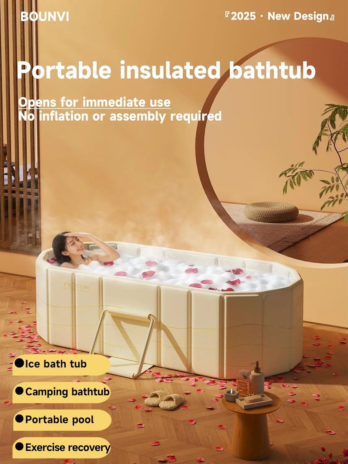 59''Portable insulated bathtub, Ice Bath Tub for Athletes, Inflation-free bathtub for shower, Ice Plunge Tub with Cover, Baths at Home & Outdoor（with Cover）