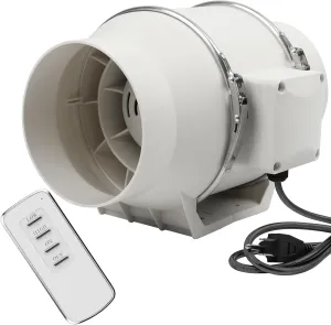 6 Inch Duct Fan, Inline Ventilation Exhaust Fan with Remote Control, 390 CFM Duct Intake Fan High Efficiency Air Fan for Duct Vent Bathroom, Kitchen, Grow Tent, Hydroponics, 3D Printer