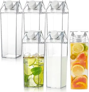 6 Pack Milk Carton Water Bottles 34oz/1000ml Leak Proof Plastic Water Bottle Reusable BPA Free Sports Water Bottle Carton Shaped Juice Milk Bottle for Gym Camping Hiking Travel Sports, Dishwasher Safe