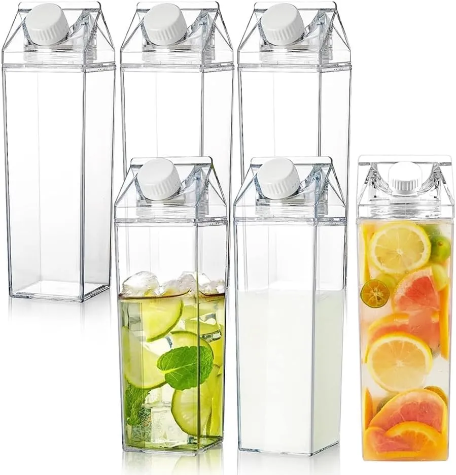 6 Pack Milk Carton Water Bottles 34oz/1000ml Leak Proof Plastic Water Bottle Reusable BPA Free Sports Water Bottle Carton Shaped Juice Milk Bottle for Gym Camping Hiking Travel Sports, Dishwasher Safe