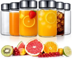 6 Pcs Wide Mouth Glass Water Bottles Reusable Glass Bottles with Lids Leakproof Juice Jars with Lids for Fridge Milk Juicing Smoothies Infused Water Beverage Kombucha Tea Drinking (Silver,10 oz)