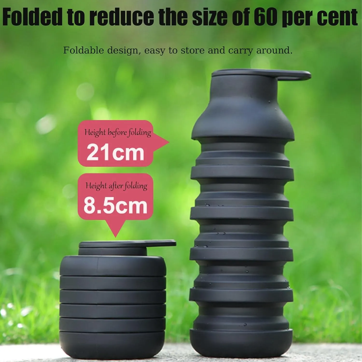 600ml Silicone Collapsible Portable Mug For Outdoor, Hiking, Cycling - Collapsible Water Bottle Reduces Space By 60%, Leak-Proof Design With Carabiner Closure(Cyan)