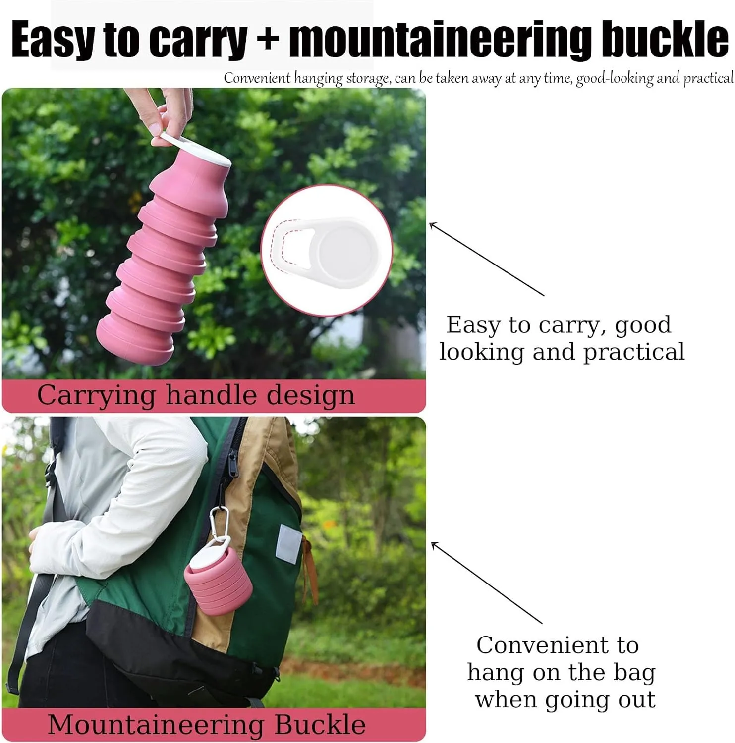 600ml Silicone Collapsible Portable Mug For Outdoor, Hiking, Cycling - Collapsible Water Bottle Reduces Space By 60%, Leak-Proof Design With Carabiner Closure(Cyan)