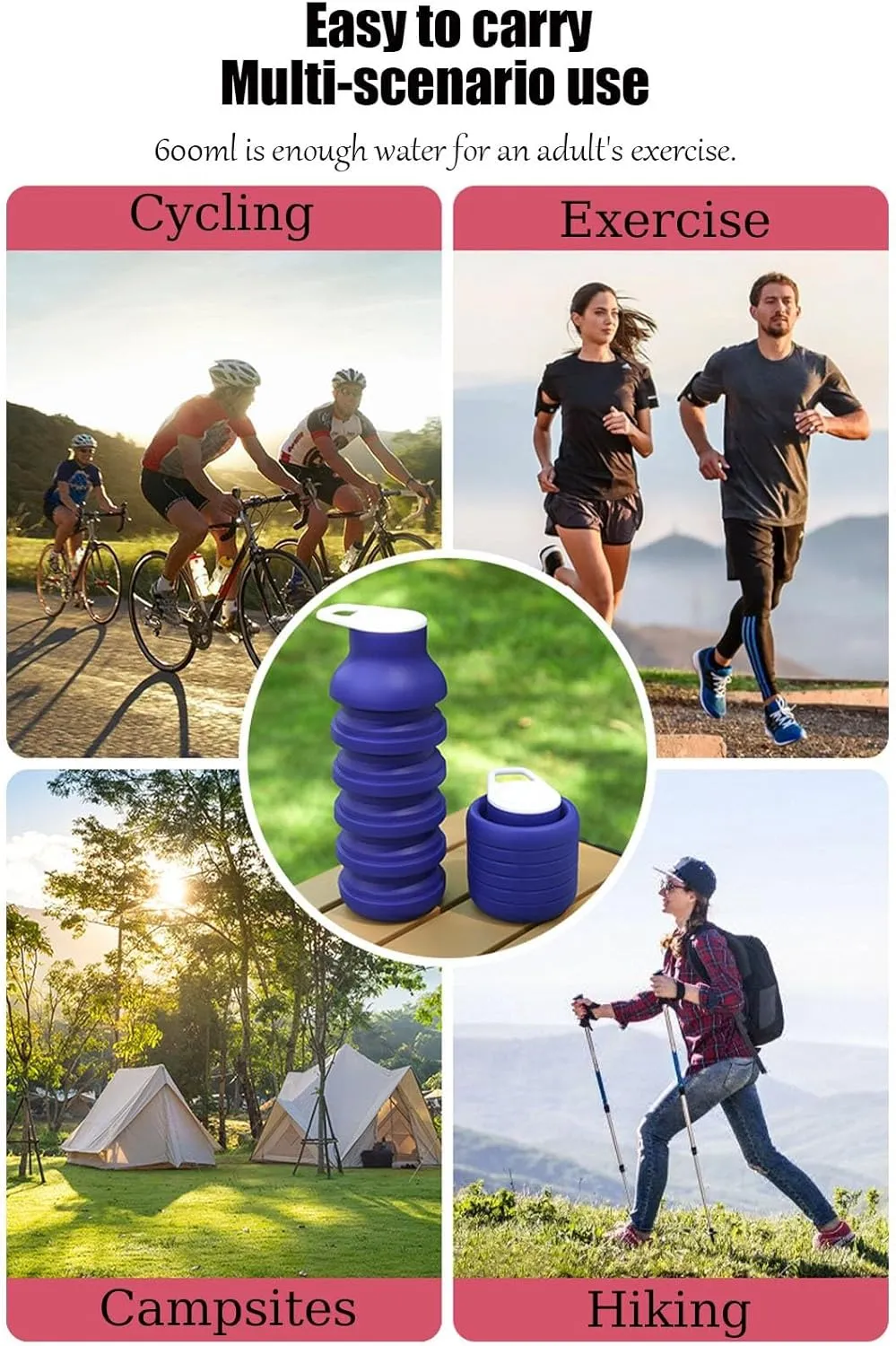 600ml Silicone Collapsible Portable Mug For Outdoor, Hiking, Cycling - Collapsible Water Bottle Reduces Space By 60%, Leak-Proof Design With Carabiner Closure(Cyan)