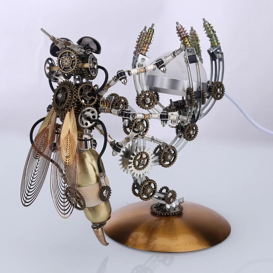 627PCS Mechanical Wasp Lamp Model – DIY Steampunk Metal Insect Puzzle Kit with Movable Claws & Light Base, Iron Box Gift for Adults & Teens