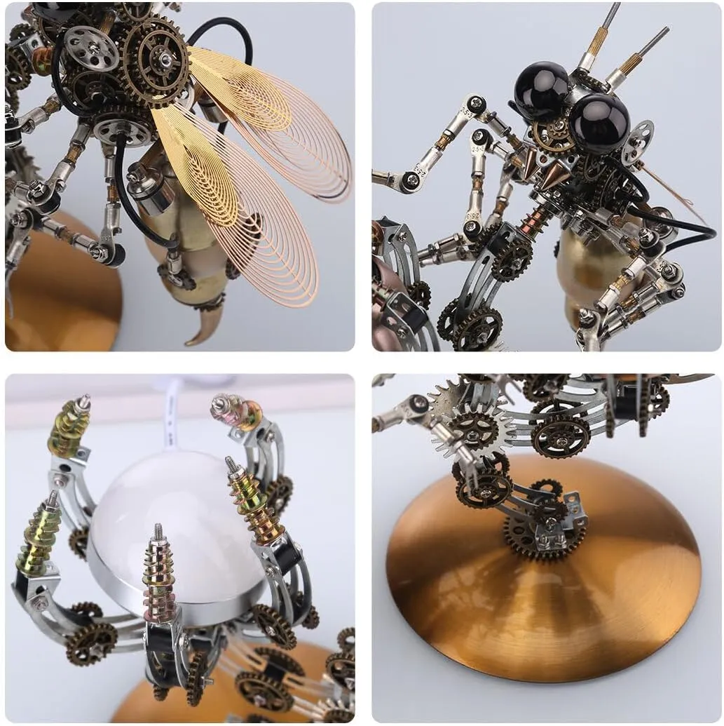 627PCS Mechanical Wasp Lamp Model – DIY Steampunk Metal Insect Puzzle Kit with Movable Claws & Light Base, Iron Box Gift for Adults & Teens