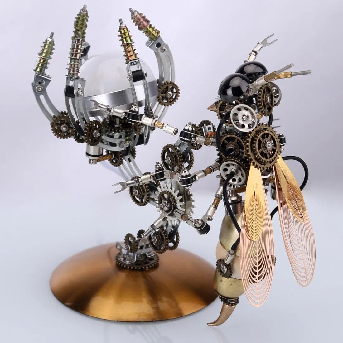 627PCS Mechanical Wasp Lamp Model – DIY Steampunk Metal Insect Puzzle Kit with Movable Claws & Light Base, Iron Box Gift for Adults & Teens