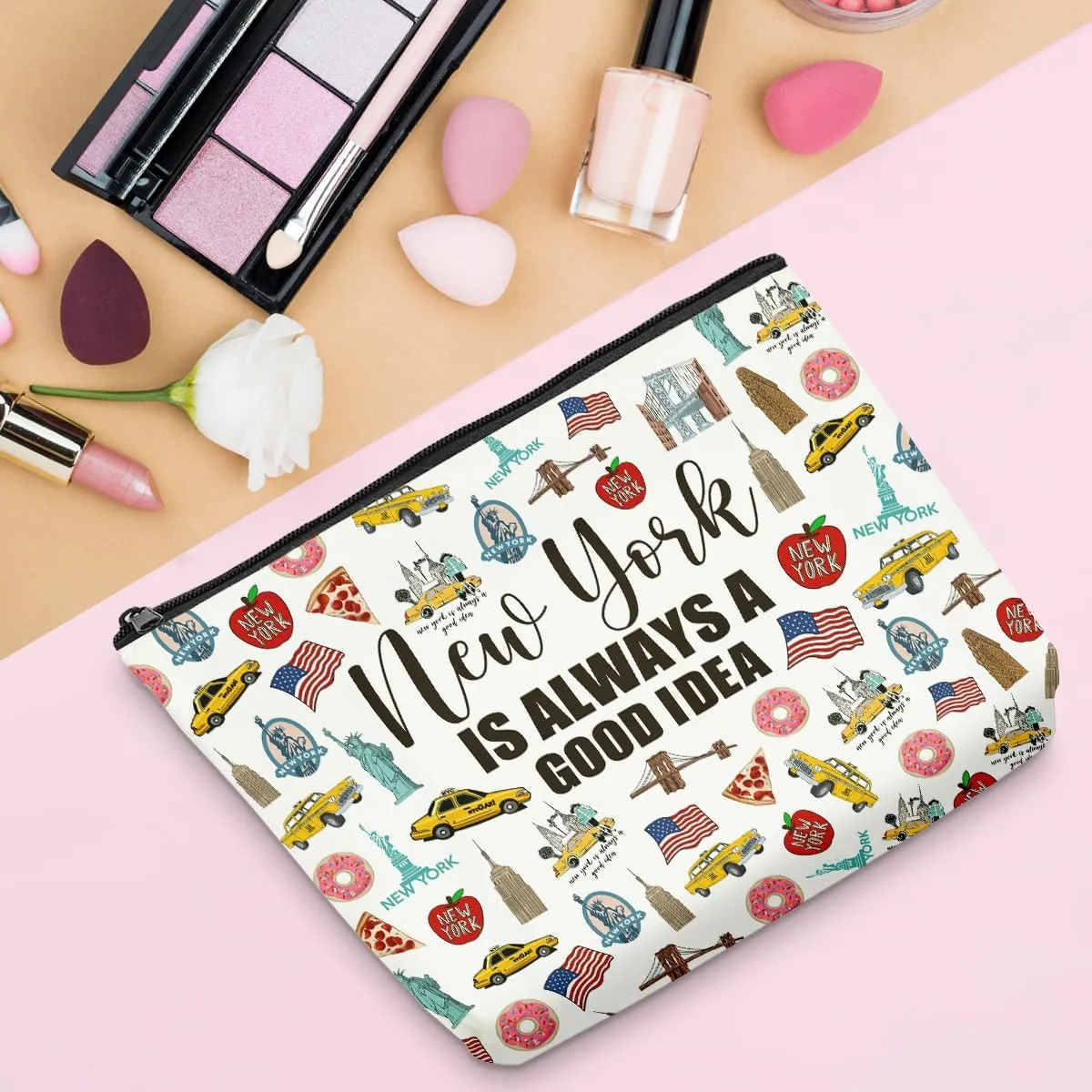 6PCS New York Makeup Bag New York Themed Girls Trip Gifts Favors New York Travel Lover Gifts for Women Her Travel Cosmetic Bag for Holiday Trip Vacation Cosmetic Bag for Women