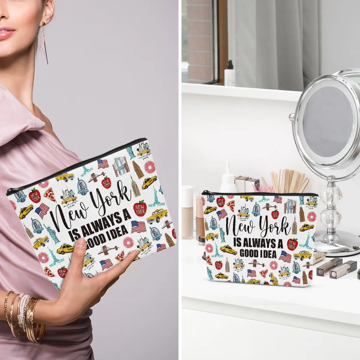 6PCS New York Makeup Bag New York Themed Girls Trip Gifts Favors New York Travel Lover Gifts for Women Her Travel Cosmetic Bag for Holiday Trip Vacation Cosmetic Bag for Women