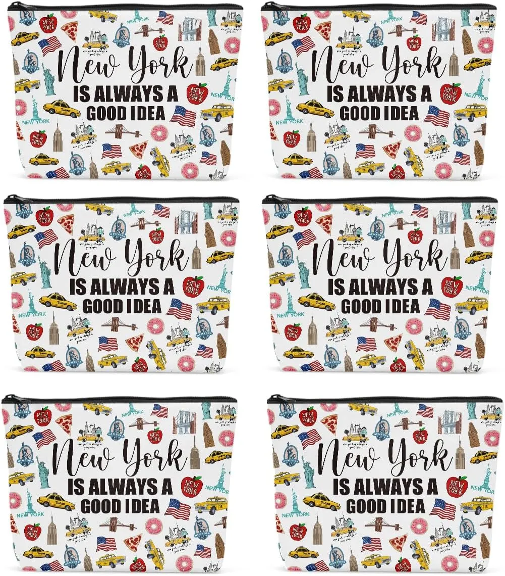 6PCS New York Makeup Bag New York Themed Girls Trip Gifts Favors New York Travel Lover Gifts for Women Her Travel Cosmetic Bag for Holiday Trip Vacation Cosmetic Bag for Women