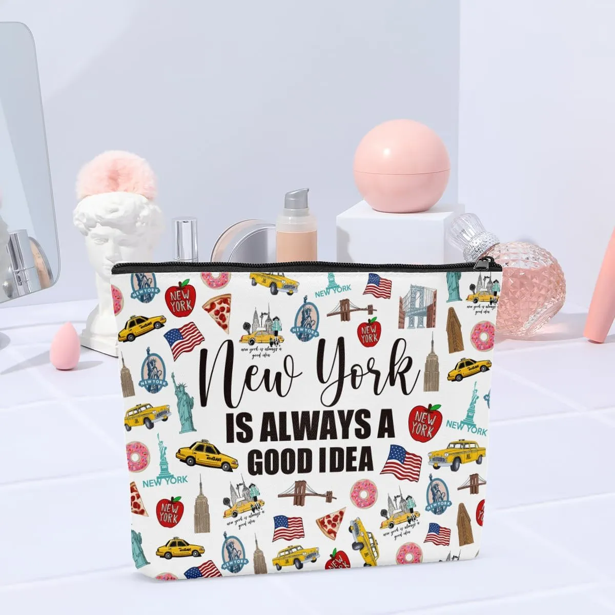 6PCS New York Makeup Bag New York Themed Girls Trip Gifts Favors New York Travel Lover Gifts for Women Her Travel Cosmetic Bag for Holiday Trip Vacation Cosmetic Bag for Women