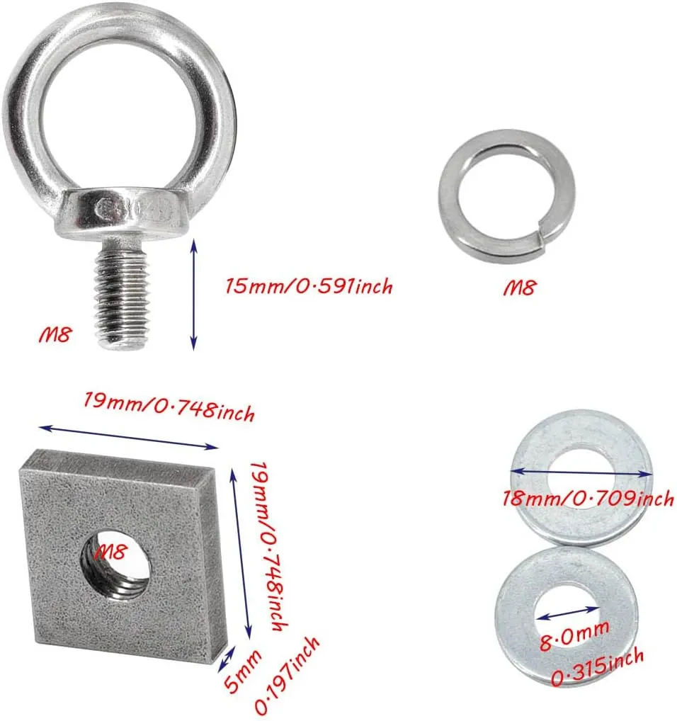 6pcs T Track Mount Tie Down Anchor Kit M8 for Roof Rack 304 Stainless Steel with Nuts & Lifting Eye Bolts for 4WD Awnings & Accessories
