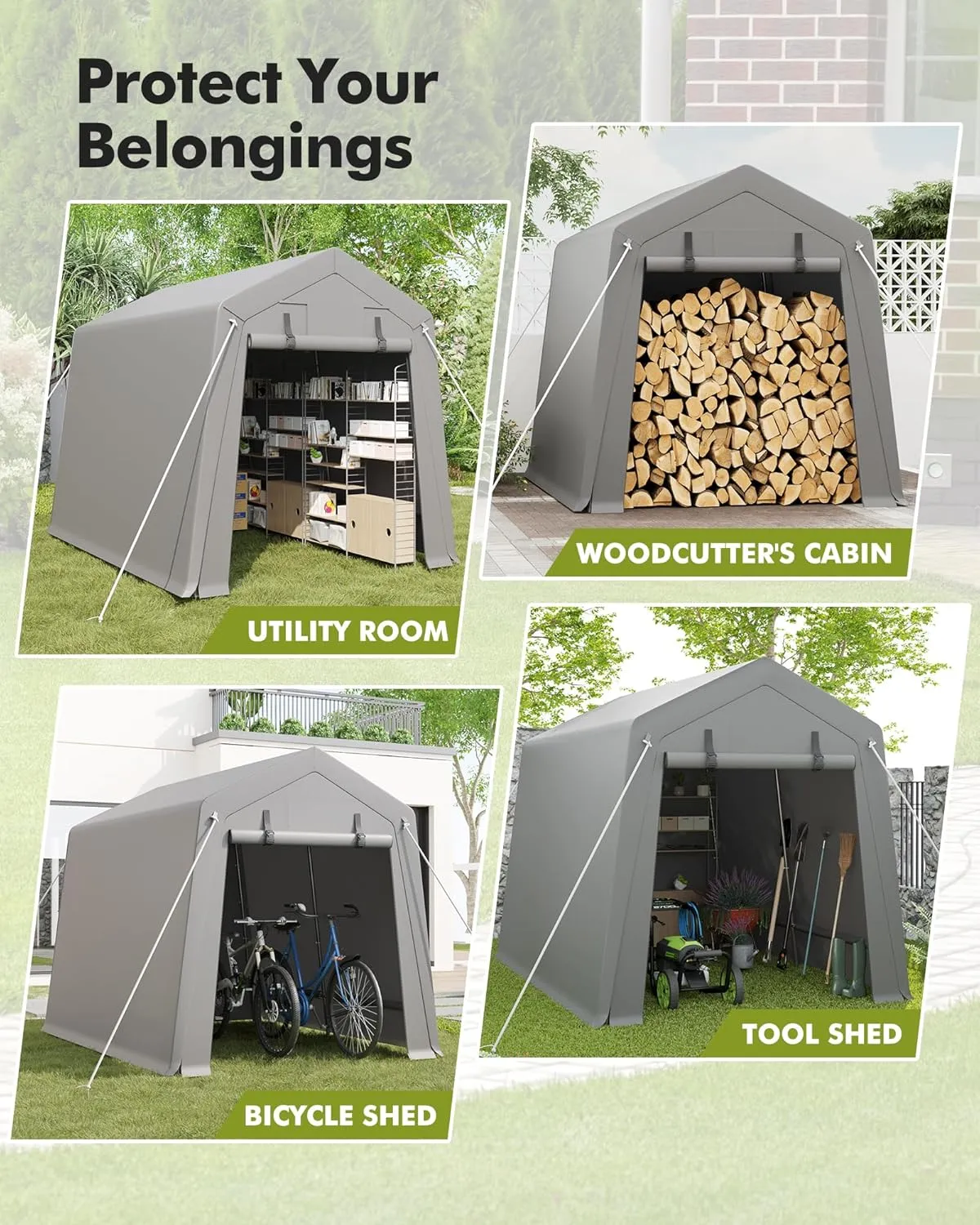7 x 10 ft Carport Storage Shed, Shelter Logic with 2 Roll-up Zipper Door, Heavy Duty Waterproof Tarp, Storage Tent for Motorcycle, Bike, Garden Tools, Firewood