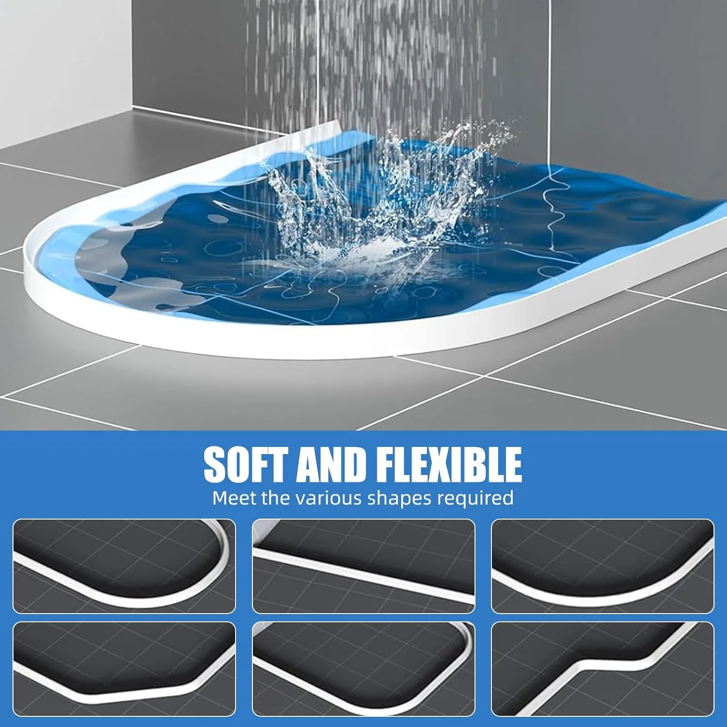 70inch Collapsible Shower Water Dam Stopper Barrier Threshold Water Block Self Adhesive Waterproof Barrier for Bathroom Kitchen Keep Water Inside Dry Wet Separater Caulk Seal Strip Edge Trim (70 inch)