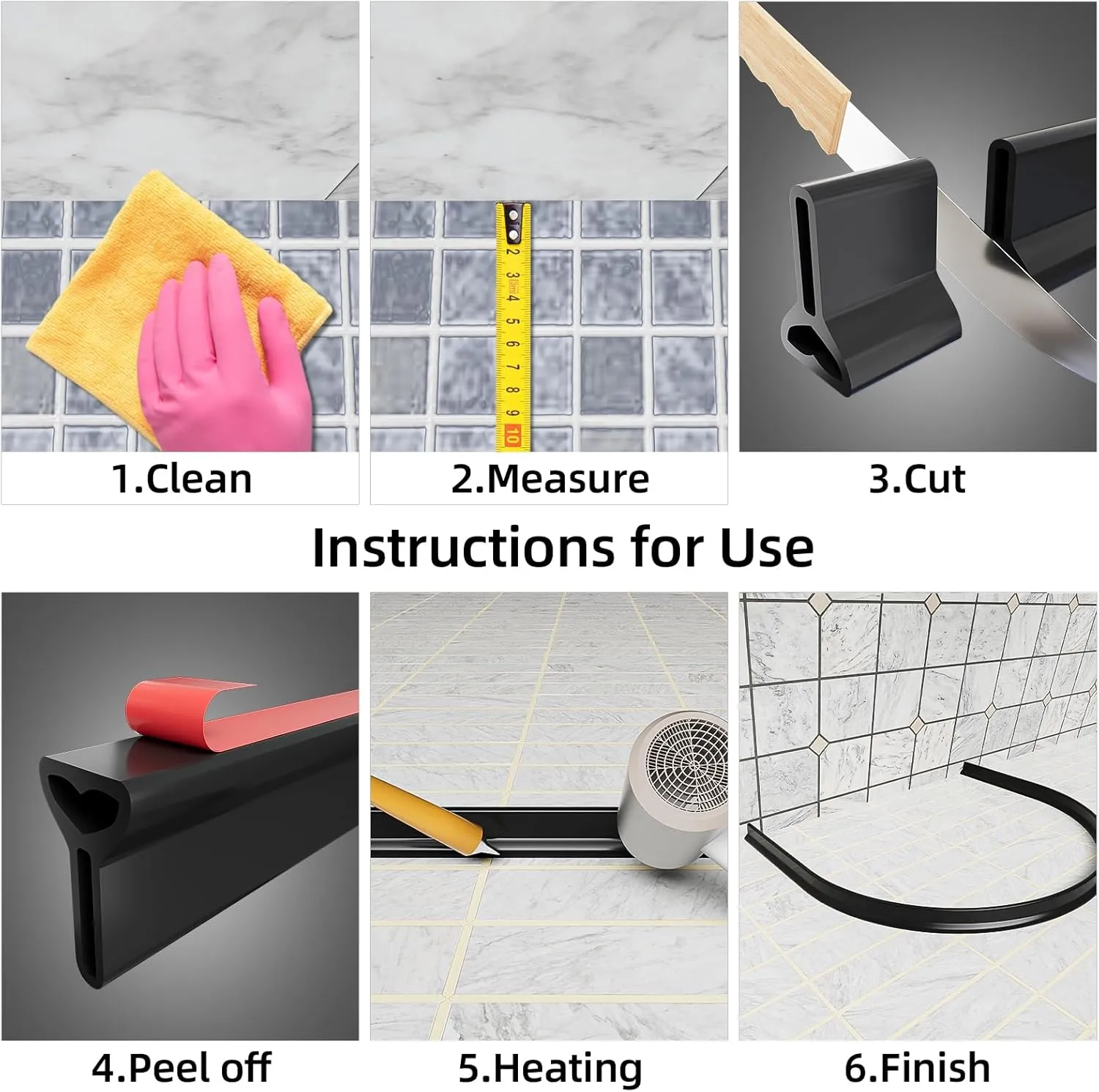 74 IN Shower Threshold Water Dam Collapsible Shower Water Splash Guard for Curbless Bath Shower Barrier Water Stopper for Wet and Dry Separation Bathroom and Kitchen (Black/6.2 FT)