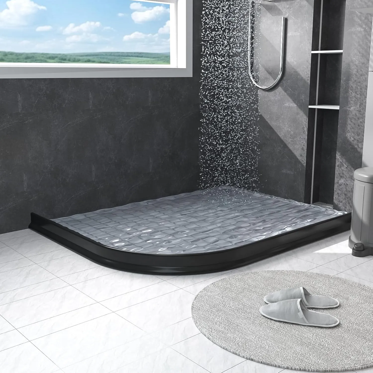 74 IN Shower Threshold Water Dam Collapsible Shower Water Splash Guard for Curbless Bath Shower Barrier Water Stopper for Wet and Dry Separation Bathroom and Kitchen (Black/6.2 FT)