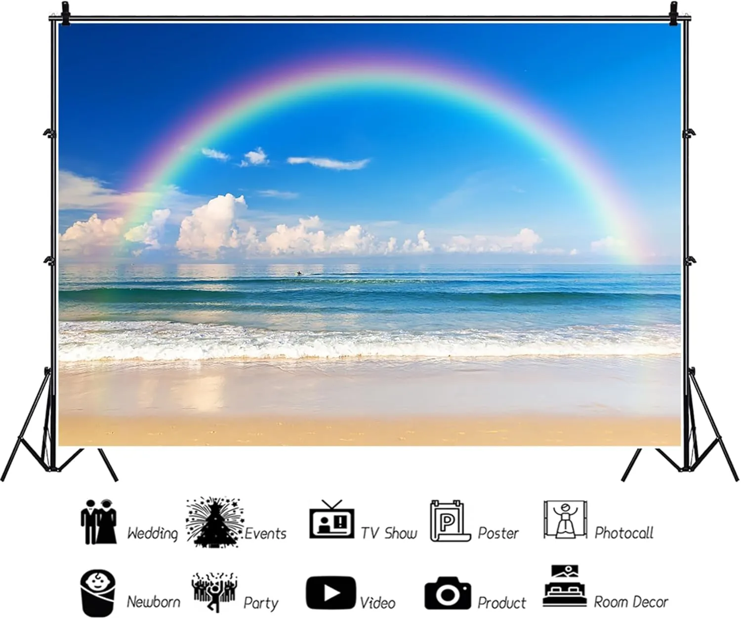 7x5ft Rainbow on The Sea Photography Background Summer Beach Seaside Ocean Sky Clouds Backdrop Vacation Holiday Trip Backdrops Living Room Decor Portrait Photo Studio Props Vinyl Wallpaper