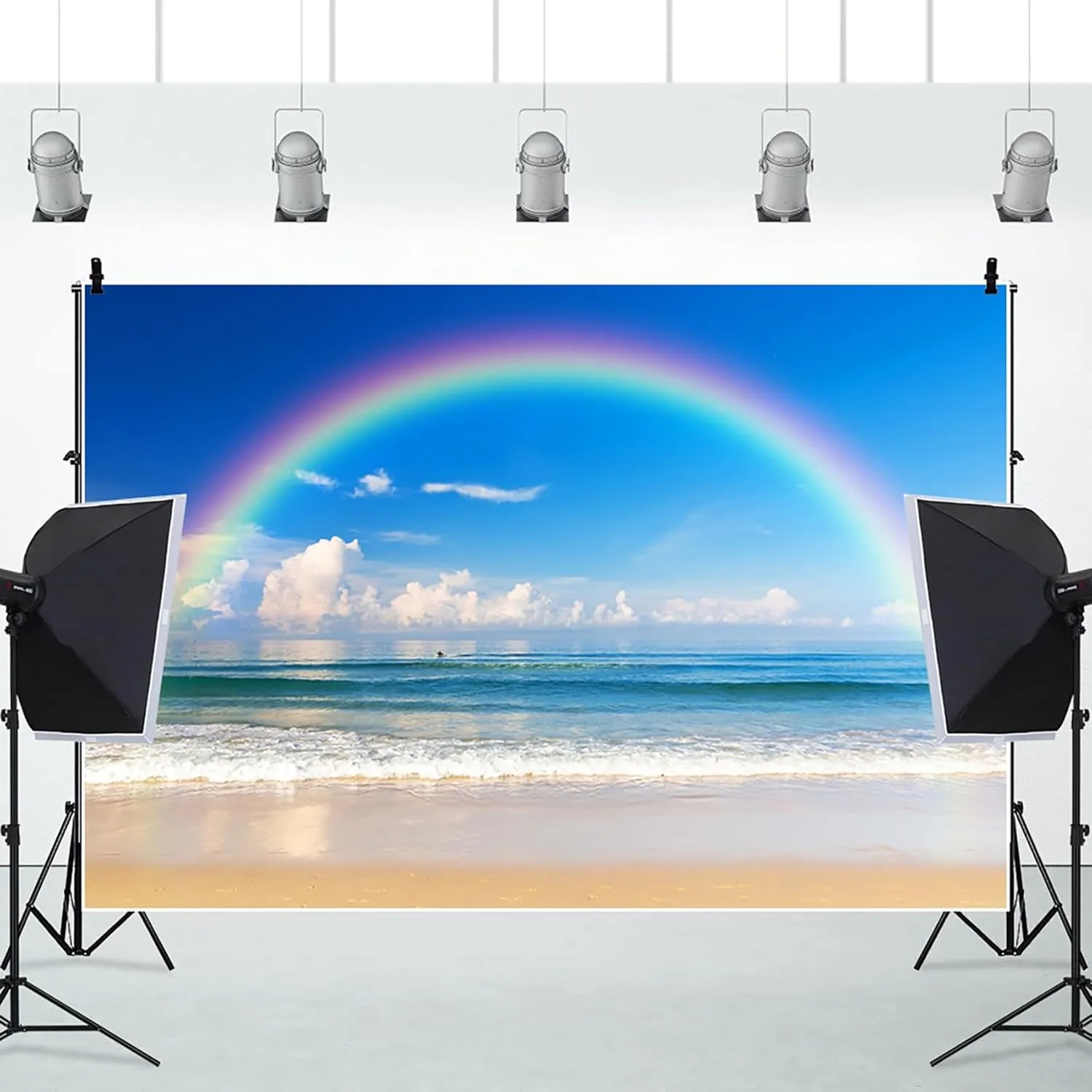 7x5ft Rainbow on The Sea Photography Background Summer Beach Seaside Ocean Sky Clouds Backdrop Vacation Holiday Trip Backdrops Living Room Decor Portrait Photo Studio Props Vinyl Wallpaper