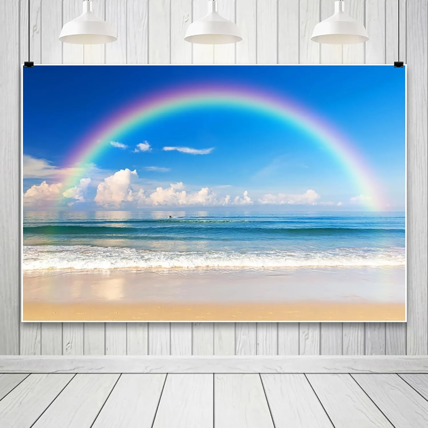 7x5ft Rainbow on The Sea Photography Background Summer Beach Seaside Ocean Sky Clouds Backdrop Vacation Holiday Trip Backdrops Living Room Decor Portrait Photo Studio Props Vinyl Wallpaper