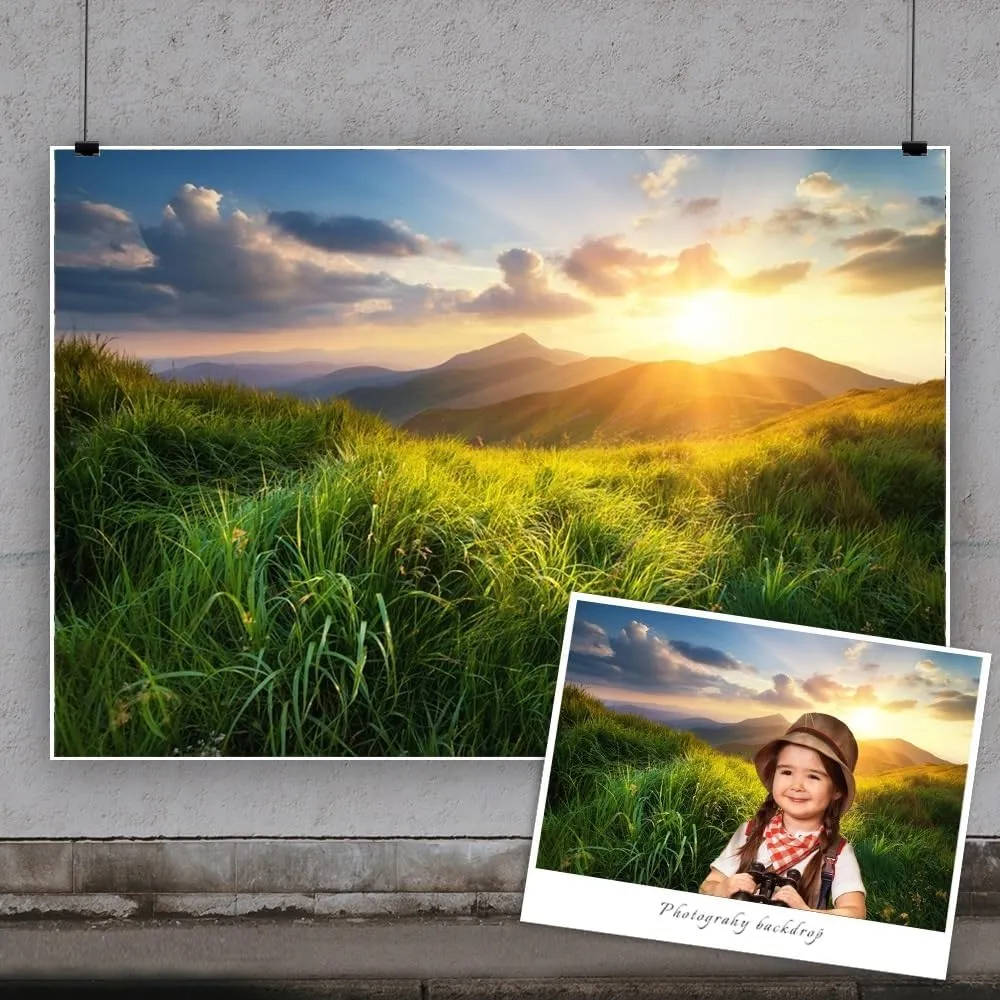 7x5ft Spring Natural Landscape Backdrop Prairie Savannah Green Grass Lawn Sunset Mountain Photography Background for Outdoor Camping Holiday Vacation Kids Adults Portrait Photo Shoot Props