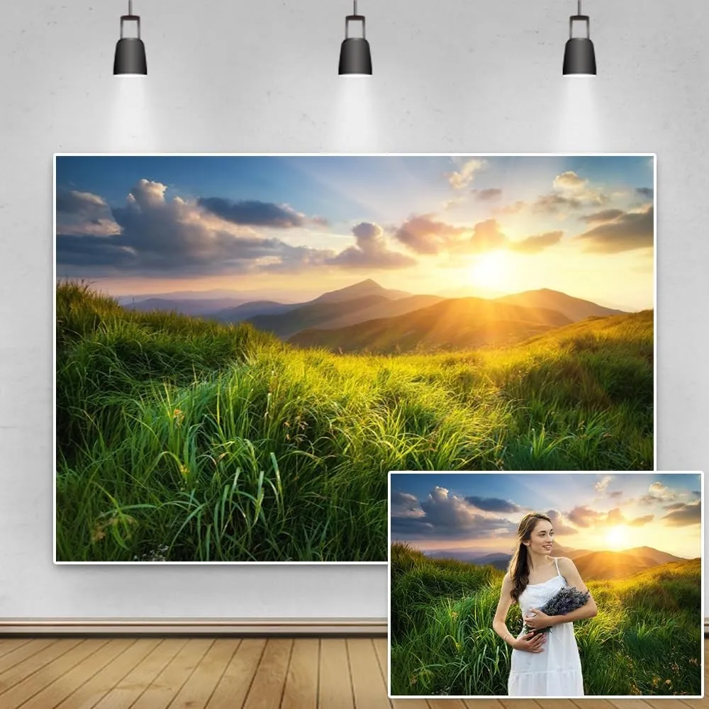 7x5ft Spring Natural Landscape Backdrop Prairie Savannah Green Grass Lawn Sunset Mountain Photography Background for Outdoor Camping Holiday Vacation Kids Adults Portrait Photo Shoot Props