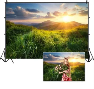 7x5ft Spring Natural Landscape Backdrop Prairie Savannah Green Grass Lawn Sunset Mountain Photography Background for Outdoor Camping Holiday Vacation Kids Adults Portrait Photo Shoot Props
