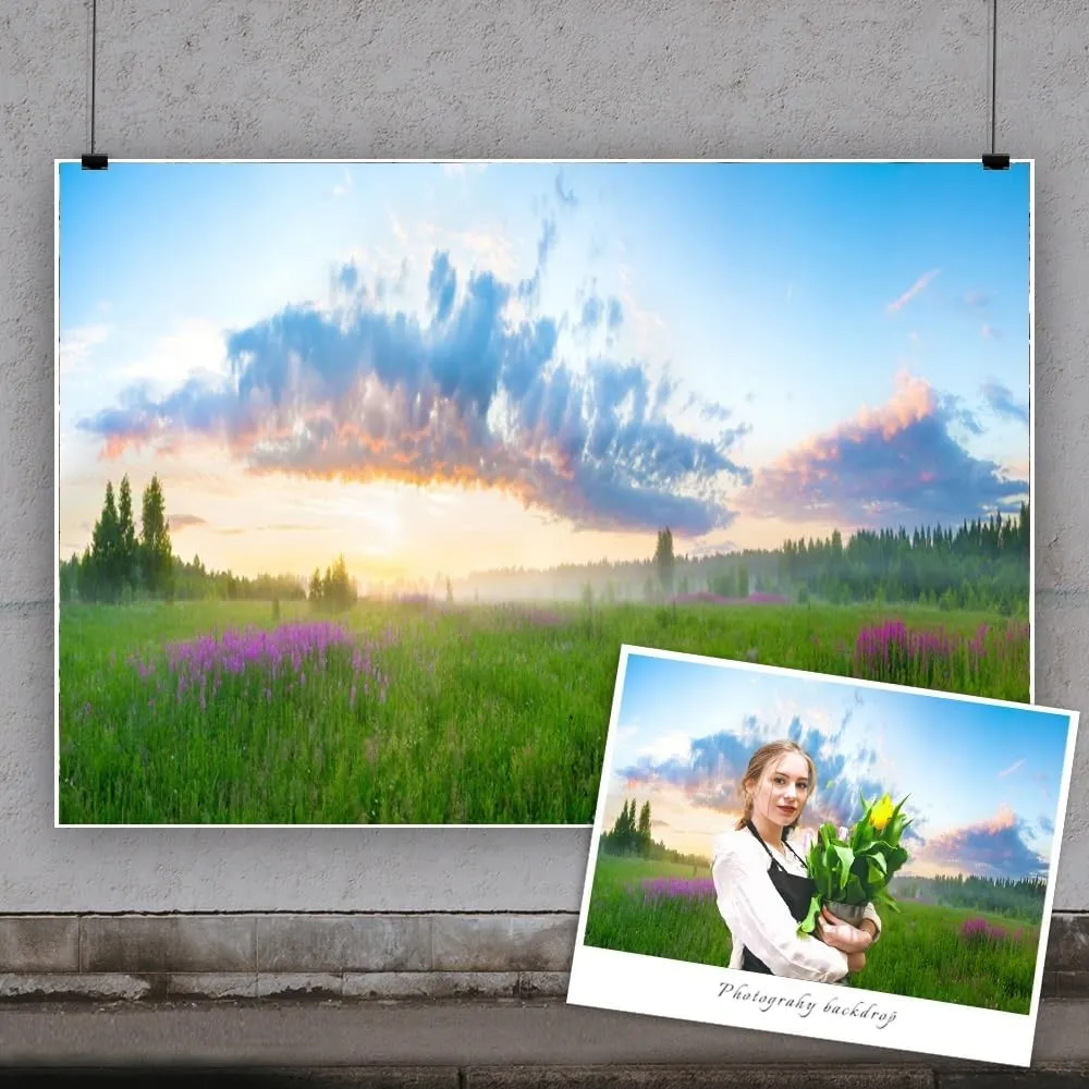 7x5ft Spring Summer Landscape Backdrop Rural Field Meadow Wildflower Grassland Sunrise Photography Background for Outdoor Activities Picnic Camping Kids Adults Portrait Photo Shoot Props