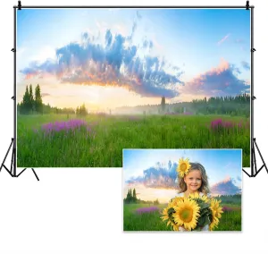 7x5ft Spring Summer Landscape Backdrop Rural Field Meadow Wildflower Grassland Sunrise Photography Background for Outdoor Activities Picnic Camping Kids Adults Portrait Photo Shoot Props