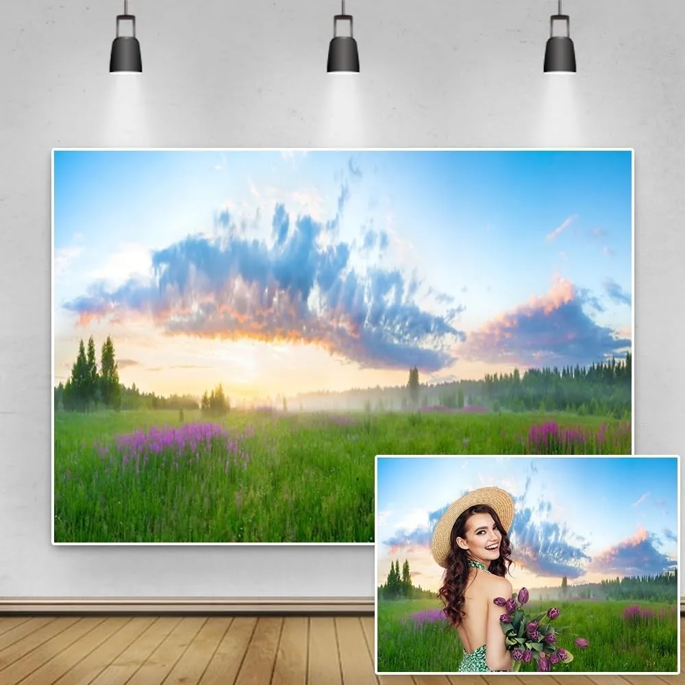 7x5ft Spring Summer Landscape Backdrop Rural Field Meadow Wildflower Grassland Sunrise Photography Background for Outdoor Activities Picnic Camping Kids Adults Portrait Photo Shoot Props