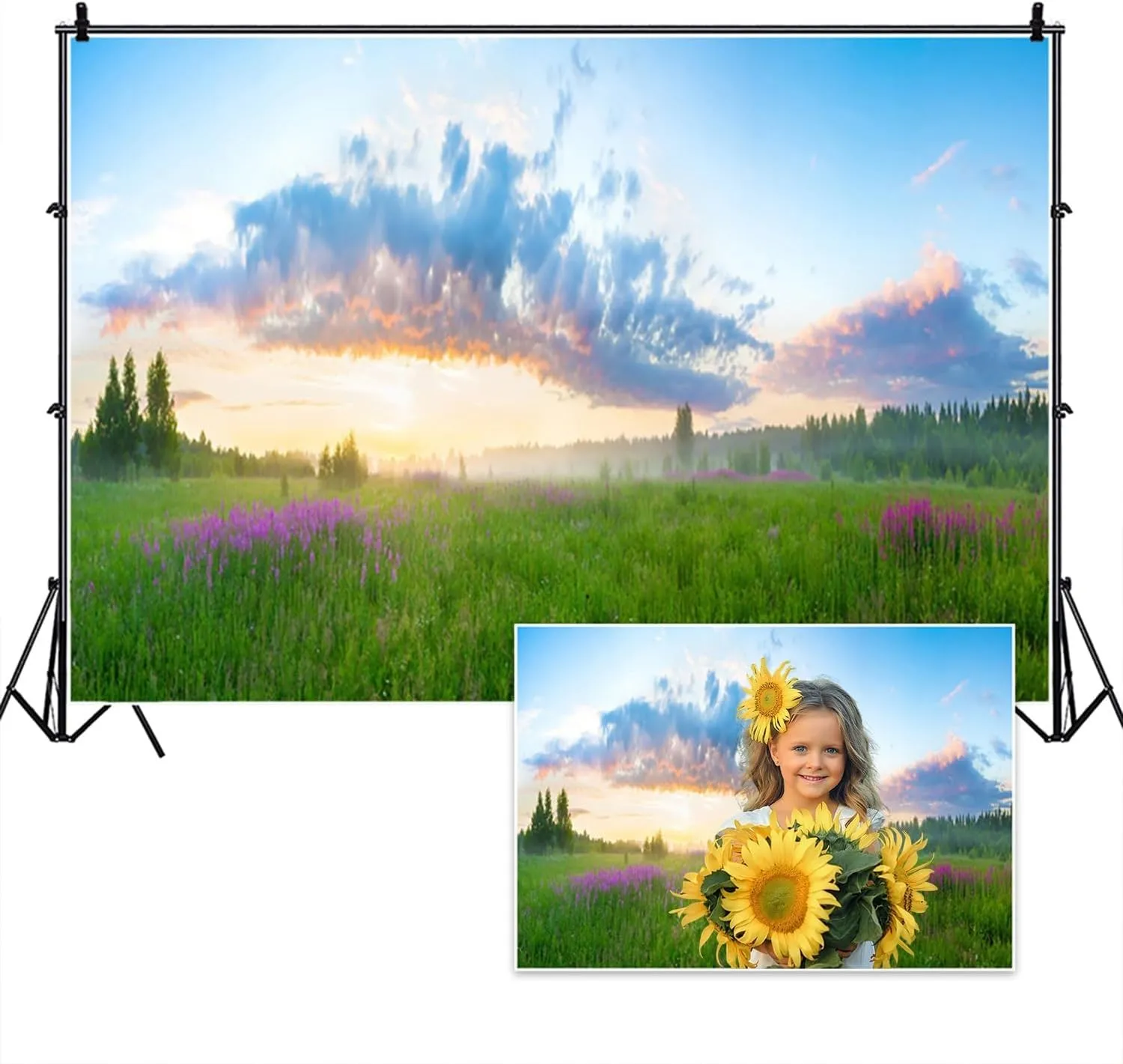 7x5ft Spring Summer Landscape Backdrop Rural Field Meadow Wildflower Grassland Sunrise Photography Background for Outdoor Activities Picnic Camping Kids Adults Portrait Photo Shoot Props