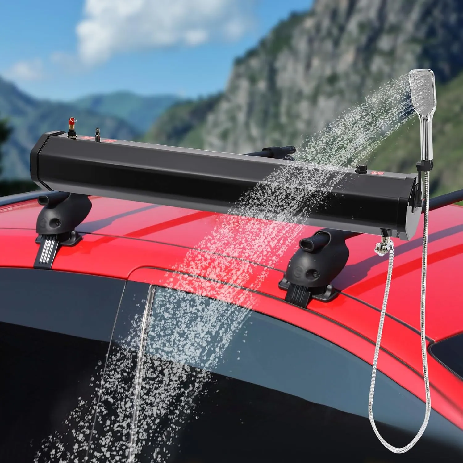 8Gal Pressurized Water Tank for Camping Shower, Roof Rack Mount Road Shower with 5.58ft Water Pipe & Shower Headt, Portable Camping Shower for Vehicle Truck SUV Sedan RV