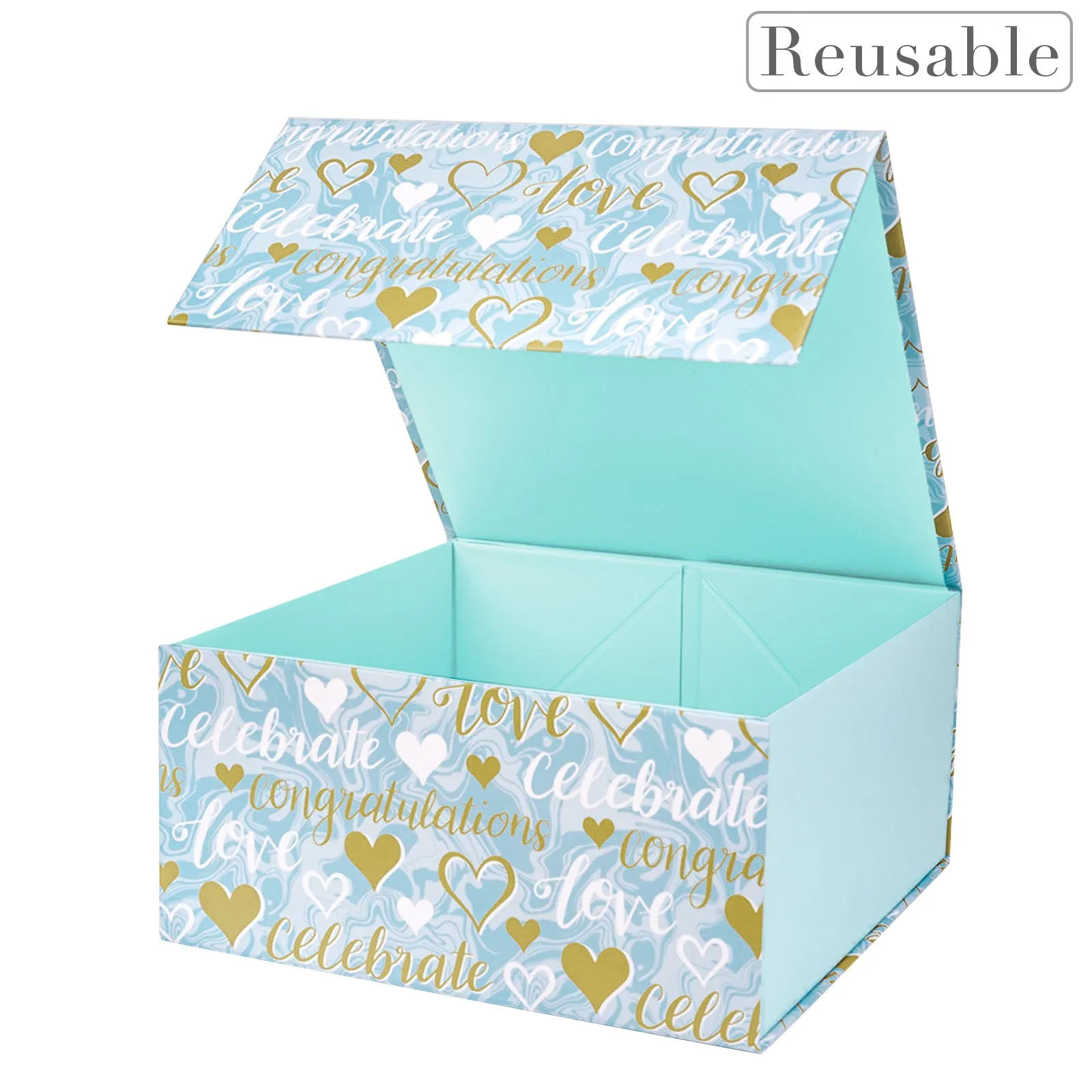 8" x 8" x 4" Collapsable Gift Box w/ 2-pcs White Tissue Paper & Magnetic Square Flap Lid | Wedding Hearts