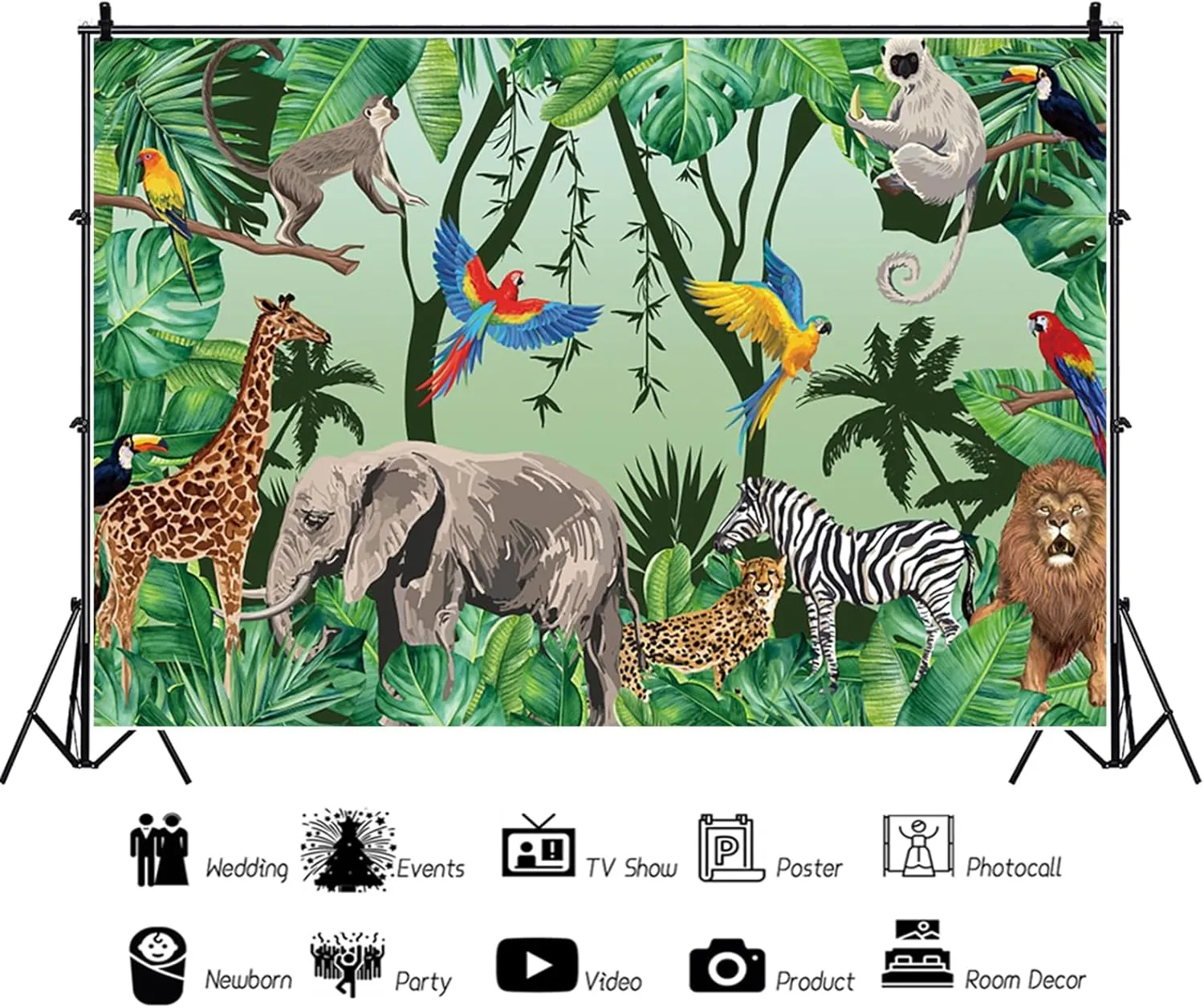 8x6ft Tropical Jungle Safari Animals Backdrop Tropical Forest Jungle Animal Photography Background Boy Birthday Baby Shower Birthday Party Banner Decoration Supplies Newborn Photo Booth Props