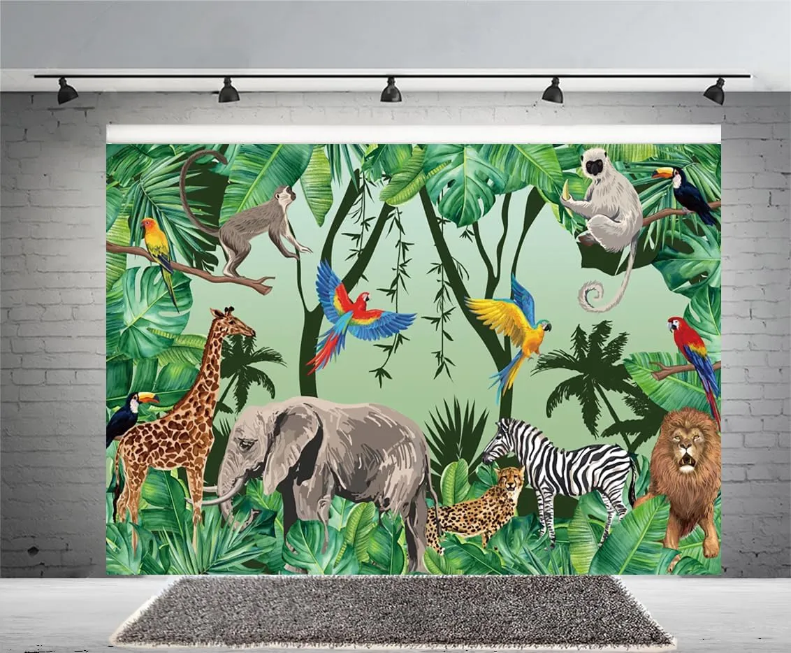 8x6ft Tropical Jungle Safari Animals Backdrop Tropical Forest Jungle Animal Photography Background Boy Birthday Baby Shower Birthday Party Banner Decoration Supplies Newborn Photo Booth Props