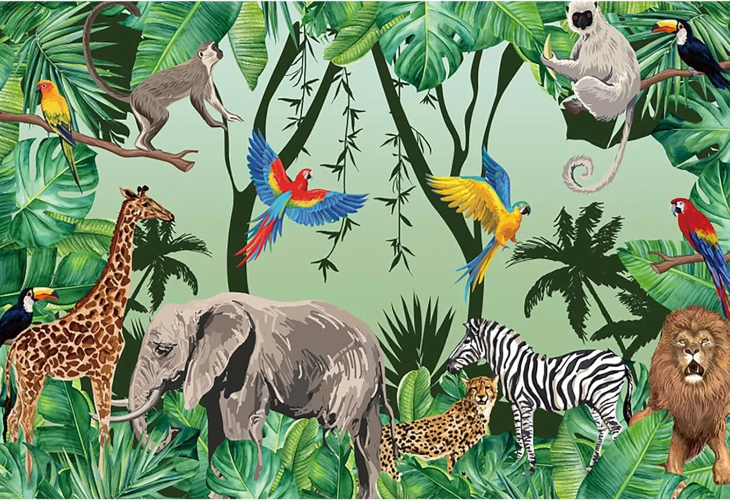 8x6ft Tropical Jungle Safari Animals Backdrop Tropical Forest Jungle Animal Photography Background Boy Birthday Baby Shower Birthday Party Banner Decoration Supplies Newborn Photo Booth Props