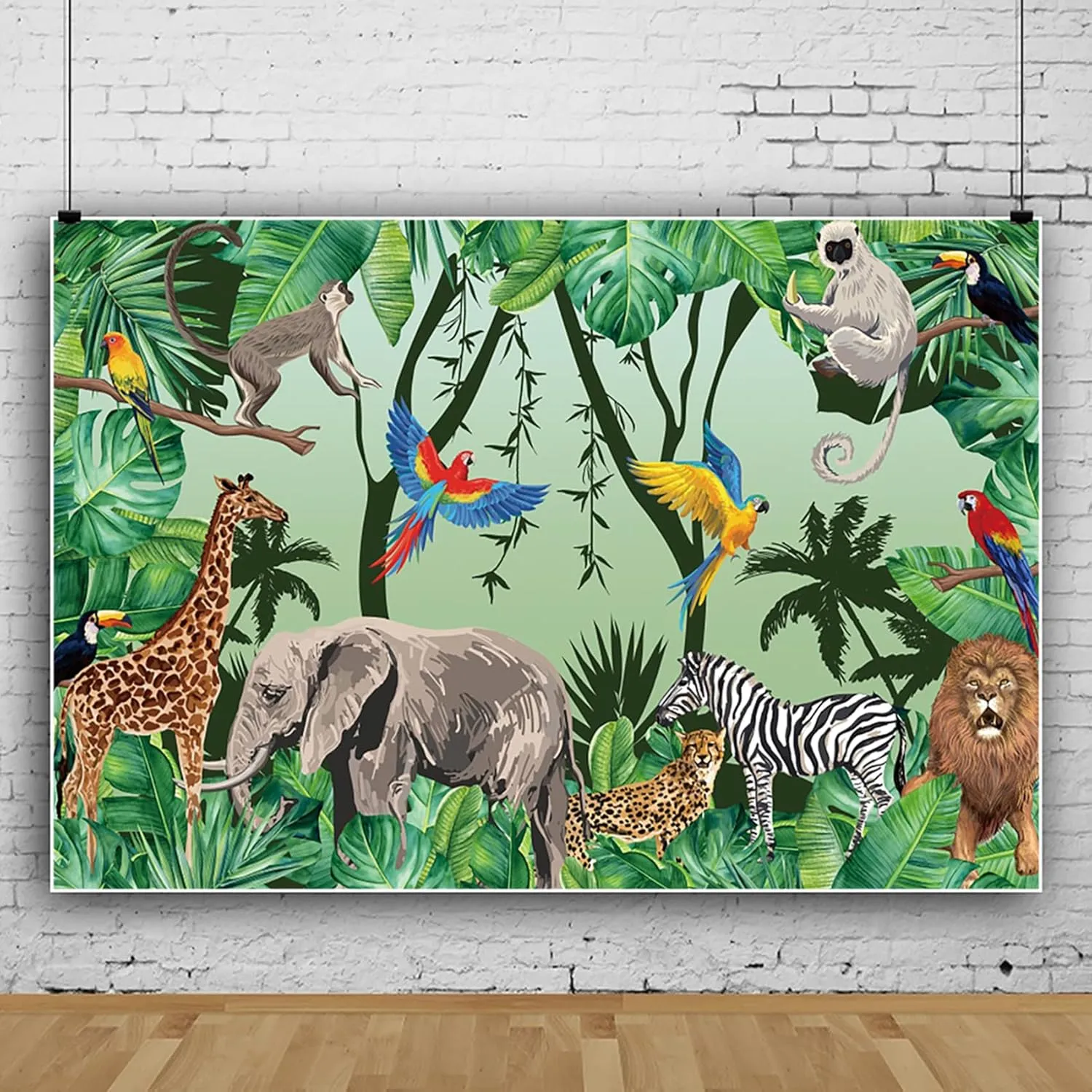 8x6ft Tropical Jungle Safari Animals Backdrop Tropical Forest Jungle Animal Photography Background Boy Birthday Baby Shower Birthday Party Banner Decoration Supplies Newborn Photo Booth Props