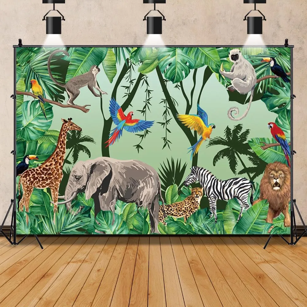 8x6ft Tropical Jungle Safari Animals Backdrop Tropical Forest Jungle Animal Photography Background Boy Birthday Baby Shower Birthday Party Banner Decoration Supplies Newborn Photo Booth Props
