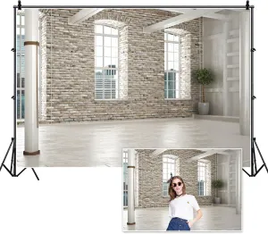 8x6ft Vintage Brick House Backdrop Virtual Home Office Interior Brick Wall Windows Photography Background for Business Room Workplace Zoom Meeting Video Conferencing Photo Booth Props