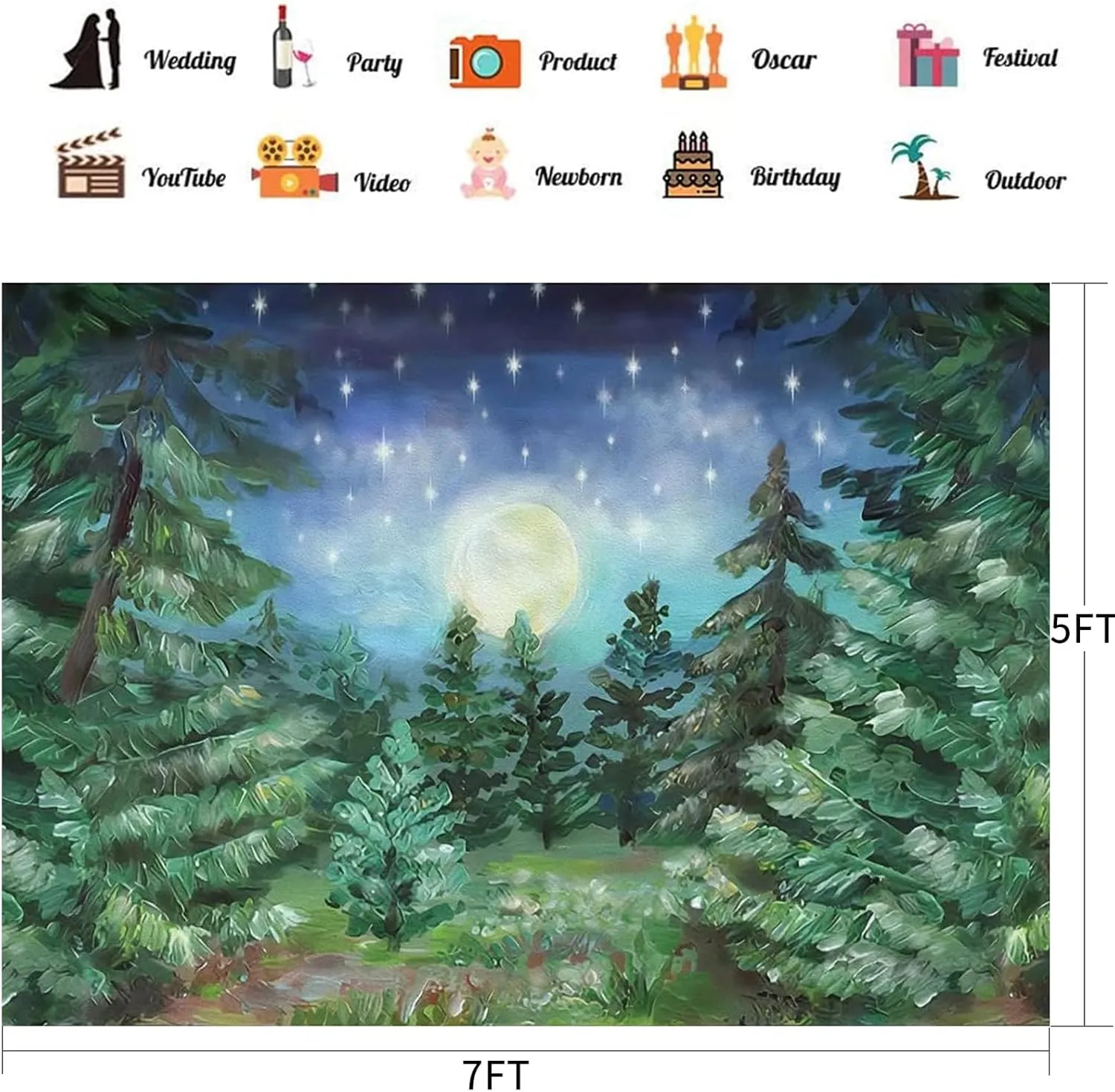 9x6ft Starry Night Forest Backdrop Jungle Night Moonlight Forest Pine Tree Forest Big Moon Photography Background Kids Baby Birthday Baby Shower Party Decor Cake Table Studio Photo Props