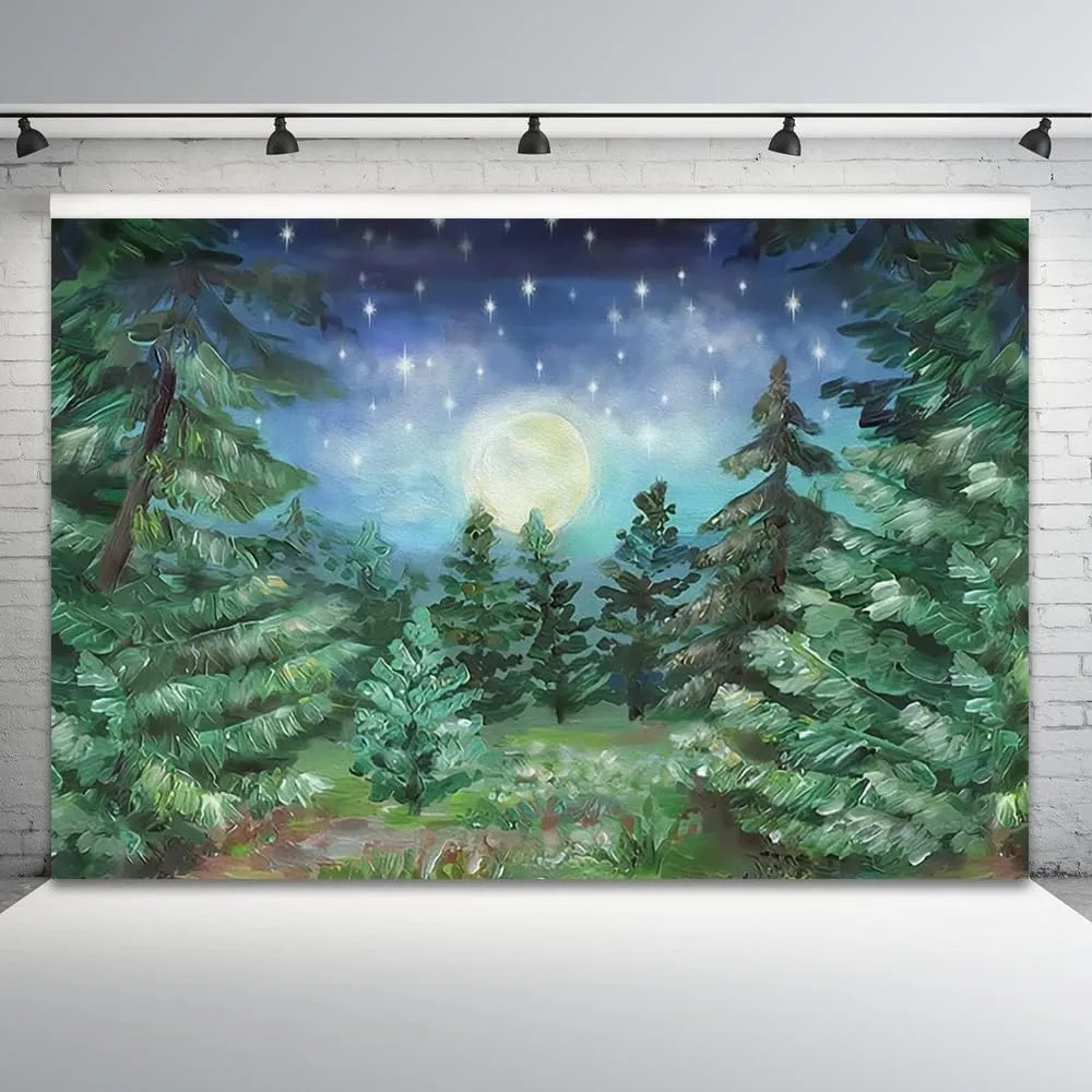 9x6ft Starry Night Forest Backdrop Jungle Night Moonlight Forest Pine Tree Forest Big Moon Photography Background Kids Baby Birthday Baby Shower Party Decor Cake Table Studio Photo Props