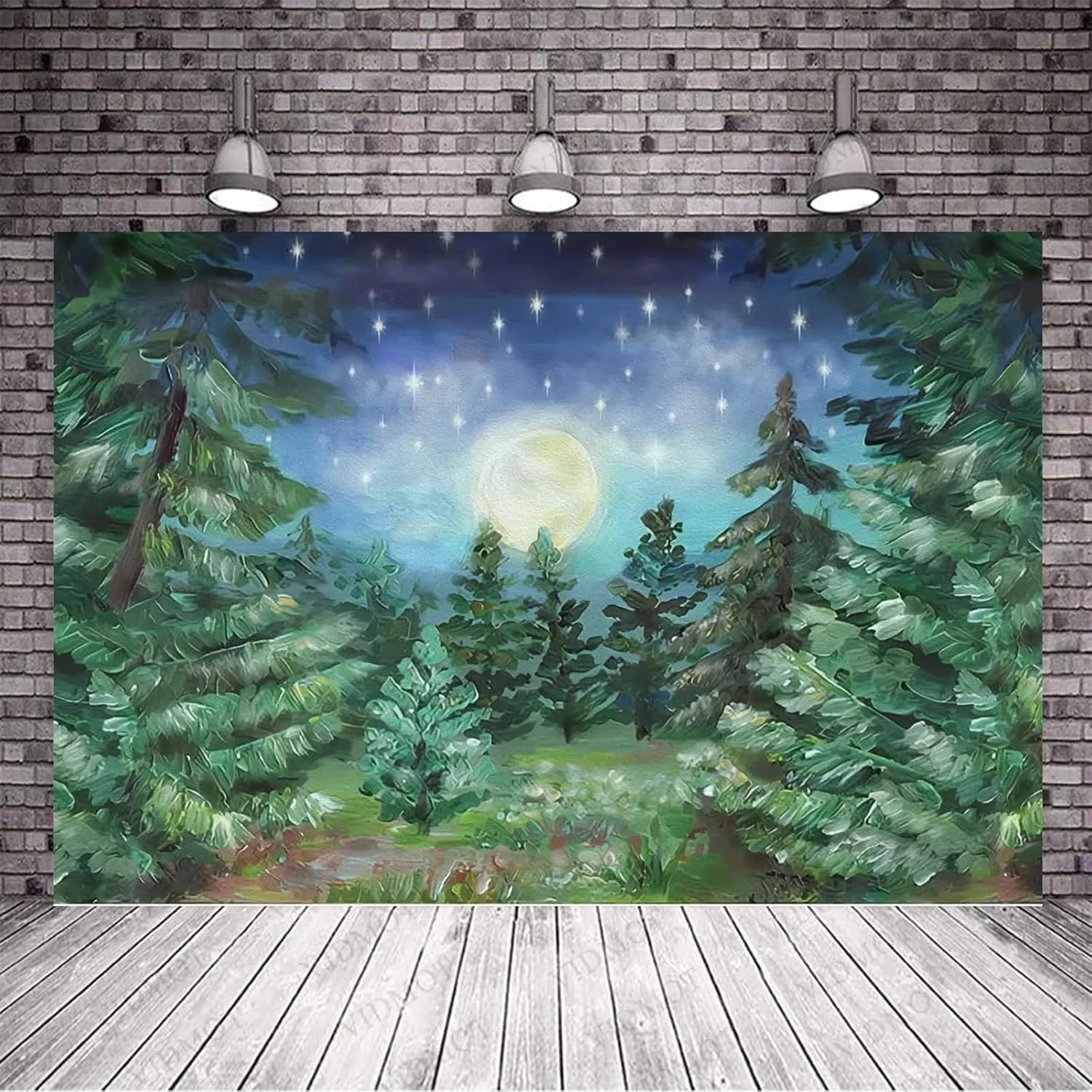 9x6ft Starry Night Forest Backdrop Jungle Night Moonlight Forest Pine Tree Forest Big Moon Photography Background Kids Baby Birthday Baby Shower Party Decor Cake Table Studio Photo Props