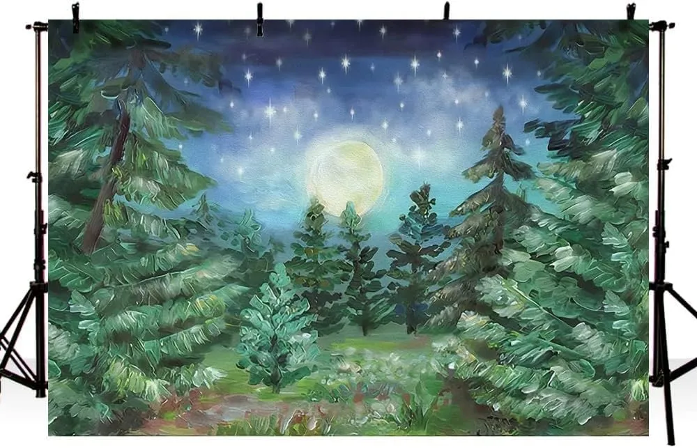 9x6ft Starry Night Forest Backdrop Jungle Night Moonlight Forest Pine Tree Forest Big Moon Photography Background Kids Baby Birthday Baby Shower Party Decor Cake Table Studio Photo Props