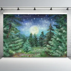 9x6ft Starry Night Forest Backdrop Jungle Night Moonlight Forest Pine Tree Forest Big Moon Photography Background Kids Baby Birthday Baby Shower Party Decor Cake Table Studio Photo Props